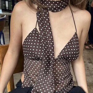 Coffee Brown Sexy Women's Polka Dot Print Lace Up Camisole Tees Tops
